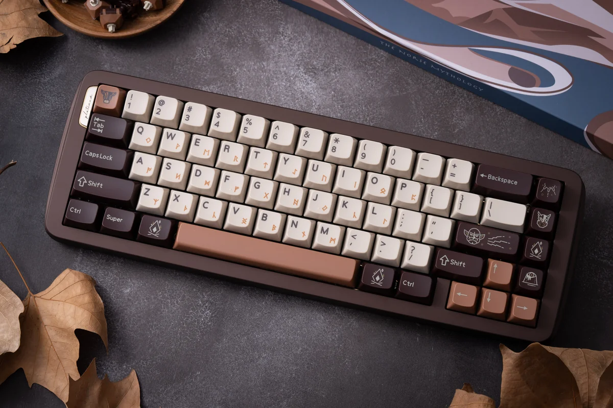 Premium Norse mythology artisan keycaps set, intricately detailed with ancient runes and divine symbols, displayed from multiple angles.