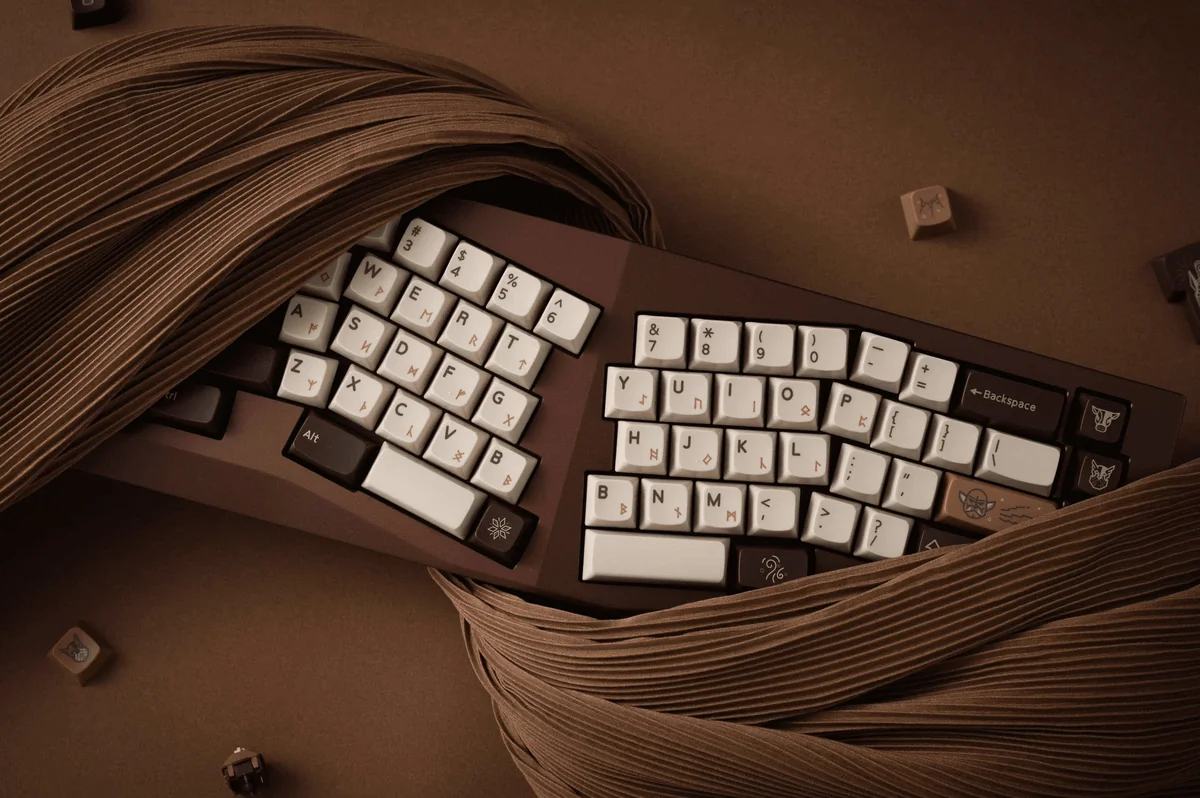 Premium Norse mythology artisan keycaps set from various angles, revealing intricate runes and divine symbols on custom profile keycaps.