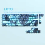 Valorant Jett side-lit PBT keycaps set in a gallery view, displaying dynamic character art and sleek translucent legends for vibrant backlighting.