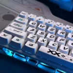 Iconic Printstream Keycaps set, photographed from various angles, revealing its dynamic graffiti art, contrasting metallic sheen, and smooth design.