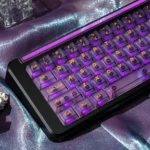 Gallery view of frosted translucent twilight purple PC keycaps set, highlighting their ethereal light diffusion and minimalist design from multiple angles.