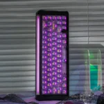 Captivating twilight purple PC keycaps set in a frosted translucent set, displayed from multiple premium angles to highlight their ethereal glow and minimalist design.