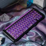 Frosted translucent Twilight Purple PC Keycaps Set in various angles, highlighting their captivating purple glow and ethereal light diffusion.