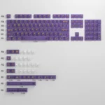 Twilight Purple PC keycaps set, frosted translucent and captivating, displayed from multiple angles to showcase their deep hue and ethereal light diffusion.