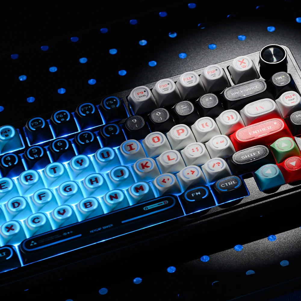 Artistic view of Red Vortex PBT dye-sub keycaps set, showcasing the dynamic red and black cosmic storm pattern with an energetic, futuristic flair.