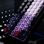 Red Vortex Keycaps Set Cosmic Storm PBT dye-sub. Gallery views highlight the dynamic red and black swirling design, energetic, futuristic aesthetic.