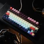 Gallery views of Red Vortex Keycaps Set, highlighting their dynamic red and black cosmic storm PBT dye-sub design from various artistic angles.