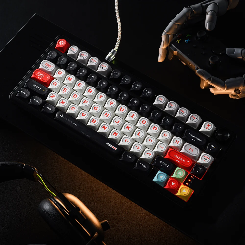 Red Vortex Keycaps set features a dynamic red and black swirling vortex PBT Dye-Sub design, capturing a futuristic, energetic Cosmic Storm aesthetic.