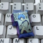 This premium titanium Rei Ayanami 3D artisan keycap is shown in stunning detail, highlighting its iconic sci-fi anime relief and elegant metallic finish.
