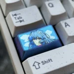 Close-up views of the Premium Titanium Rei Ayanami Artisan Keycap, showcasing its sleek metallic finish and iconic anime character art from various angles.