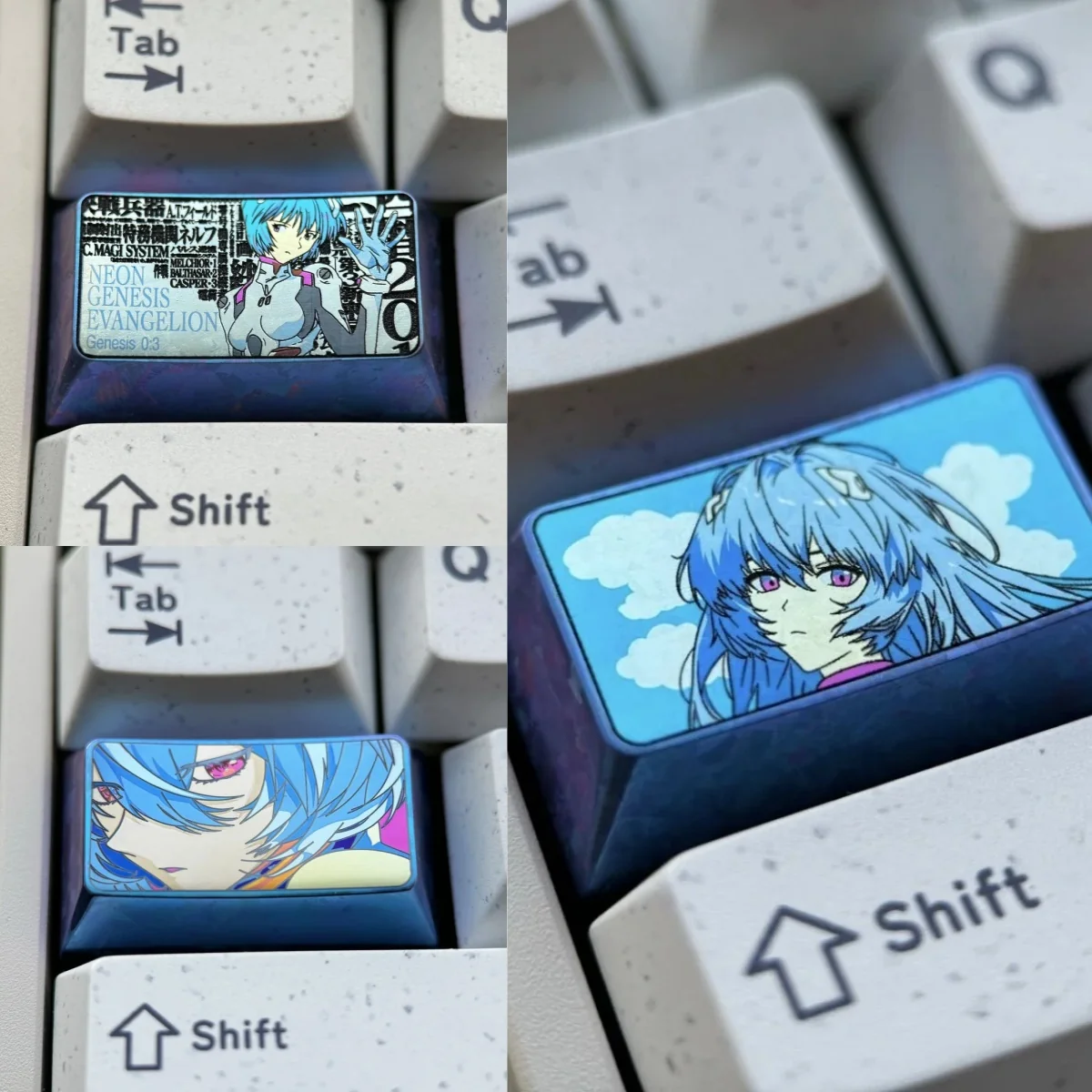 A premium titanium Rei Ayanami artisan keycap, featuring iconic anime character art and a sleek metallic finish, embodying sci-fi minimalism.