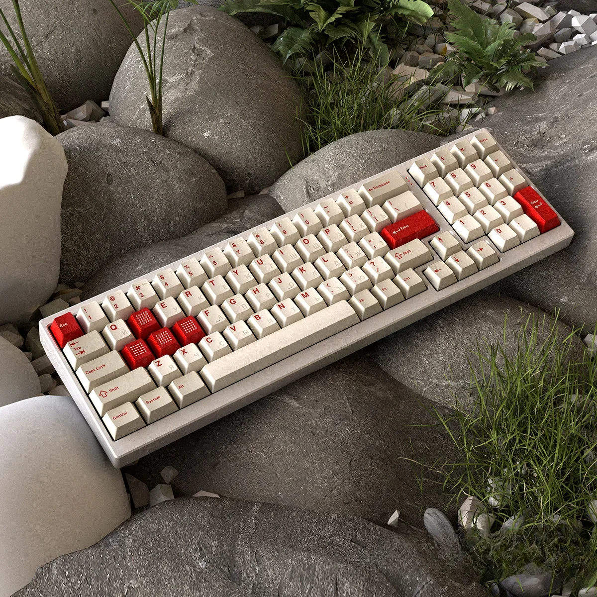 Resurgent Flood PBT Cherry Profile keycaps set, highlighting durable PBT and unique serene patterns across various angles.