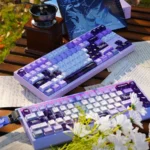 Gallery view of Reze premium metallic coating keycaps set, revealing explosive anime character art, metallic industrial accents, and translucent RGB readiness.