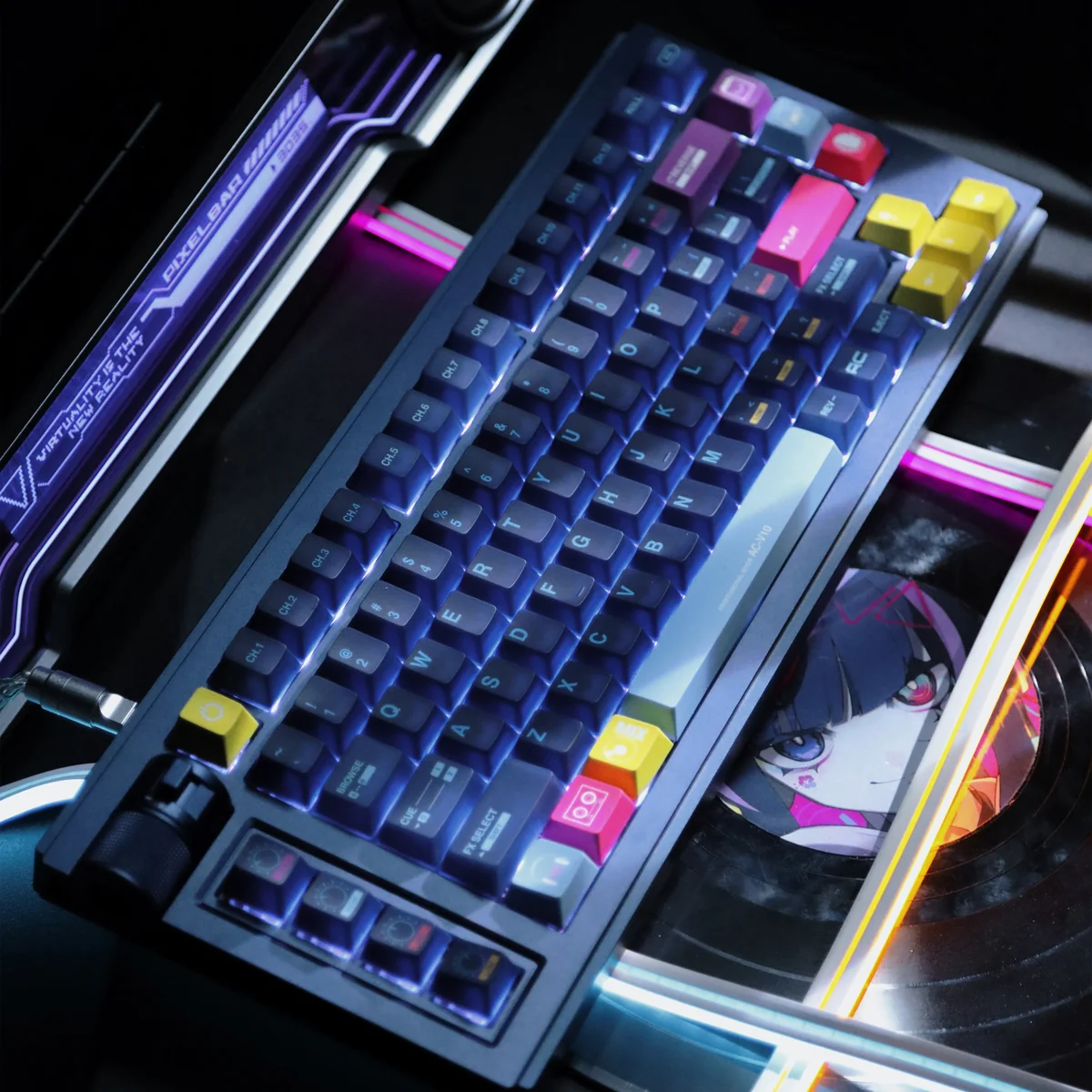 Multiple artistic views of the Rhythm Holic keycap set, highlighting its unique dual-layer design, ethereal glow, and vibrant accents.
