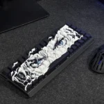 A collection of Ripped Manga Side-Lit PBT keycaps set from multiple angles, highlighting vibrant anime art, dynamic ripped panels, and unique side-engraved.