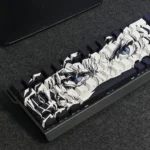 Close-up of Ripped Manga PBT keycaps set featuring vibrant anime art and striking side-engraved translucent legends, showcasing artistic RGB backlighting.