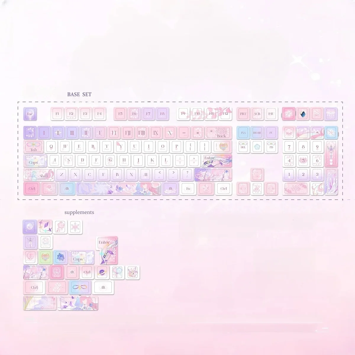 Ripples of Reverie artistic PBT dye-sublimated keycap set, showcasing tranquil blue water ripples, ethereal landscapes, and calligraphic legends.