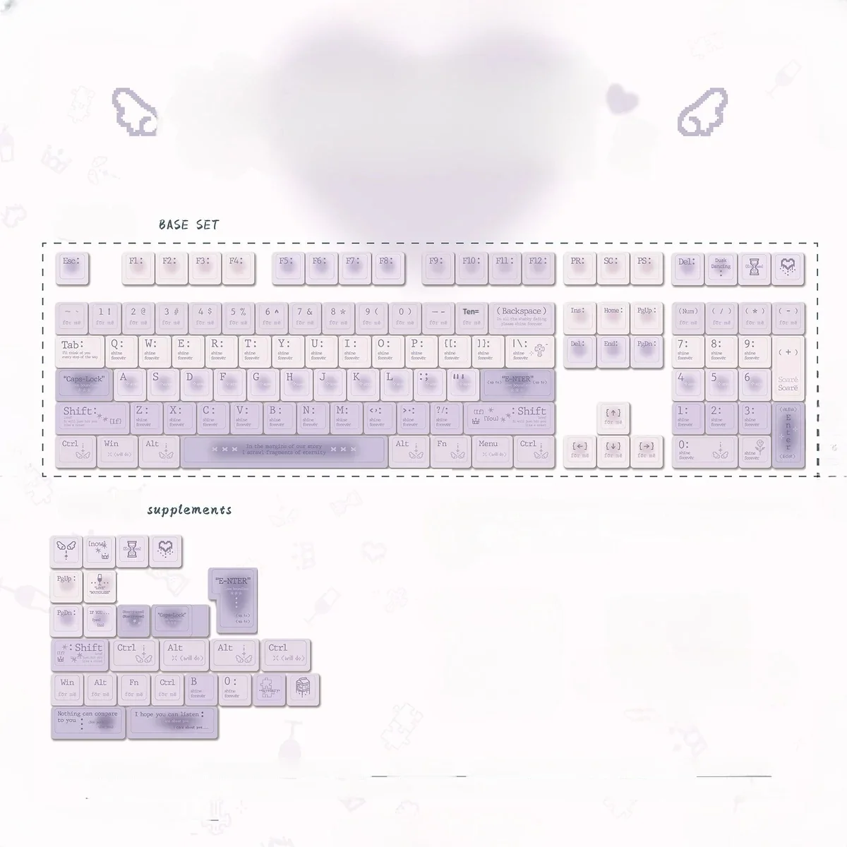 Romantic Twilight PBT Dye-Sub Keycaps Set in ethereal gradient purples, shown from multiple artistic angles, highlighting the full five-sided dye-sub.