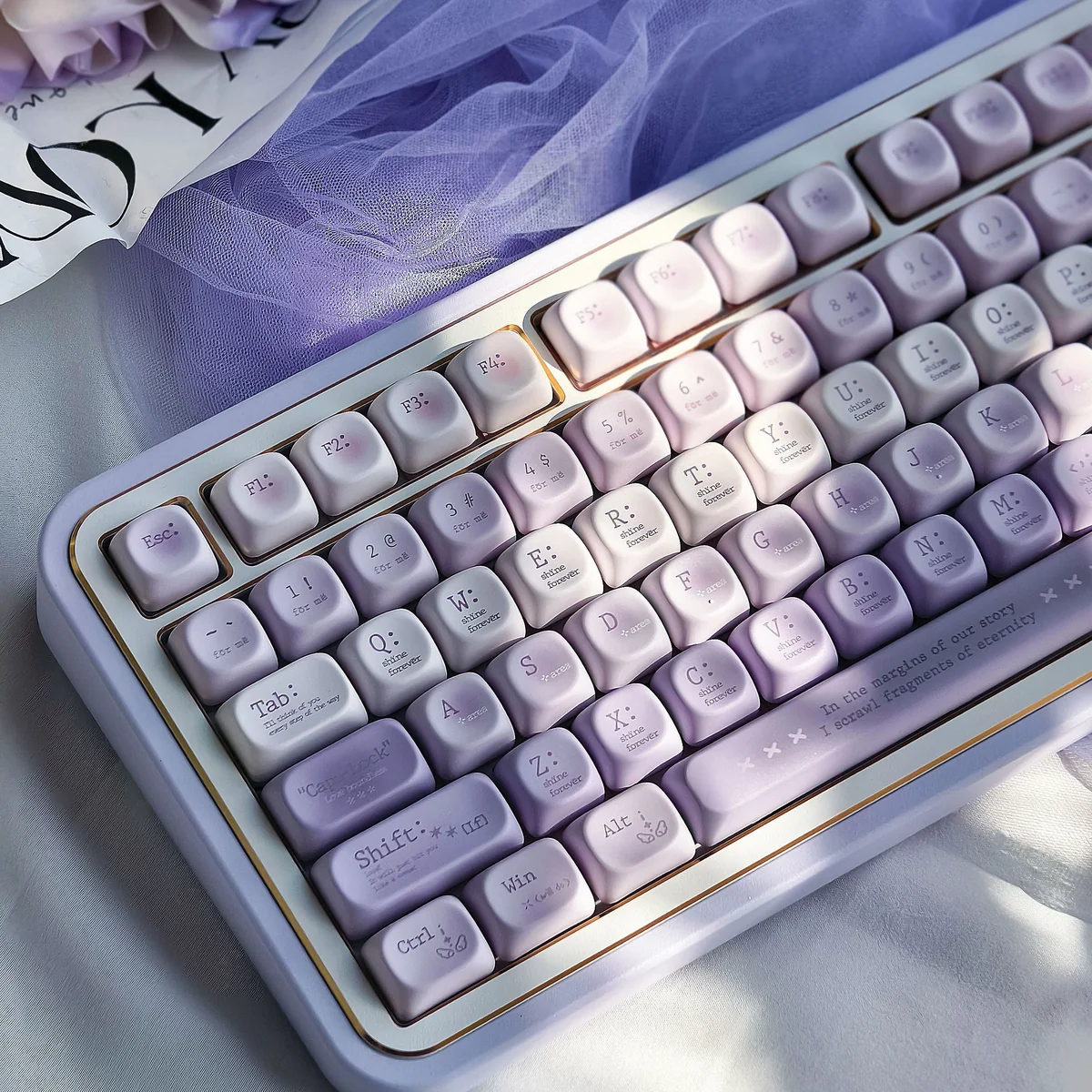 Romantic Twilight PBT dye-sub keycaps set showing ethereal gradient purples from multiple angles. Romantic keycaps with full five-sided dye-sub for a dreaming design.