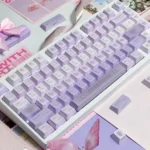 Romantic Twilight PBT dye-sub keycaps set, seen from multiple angles. Ethereal gradient purples showcase five-sided dye-sublimation for a dreamy artistic feel.