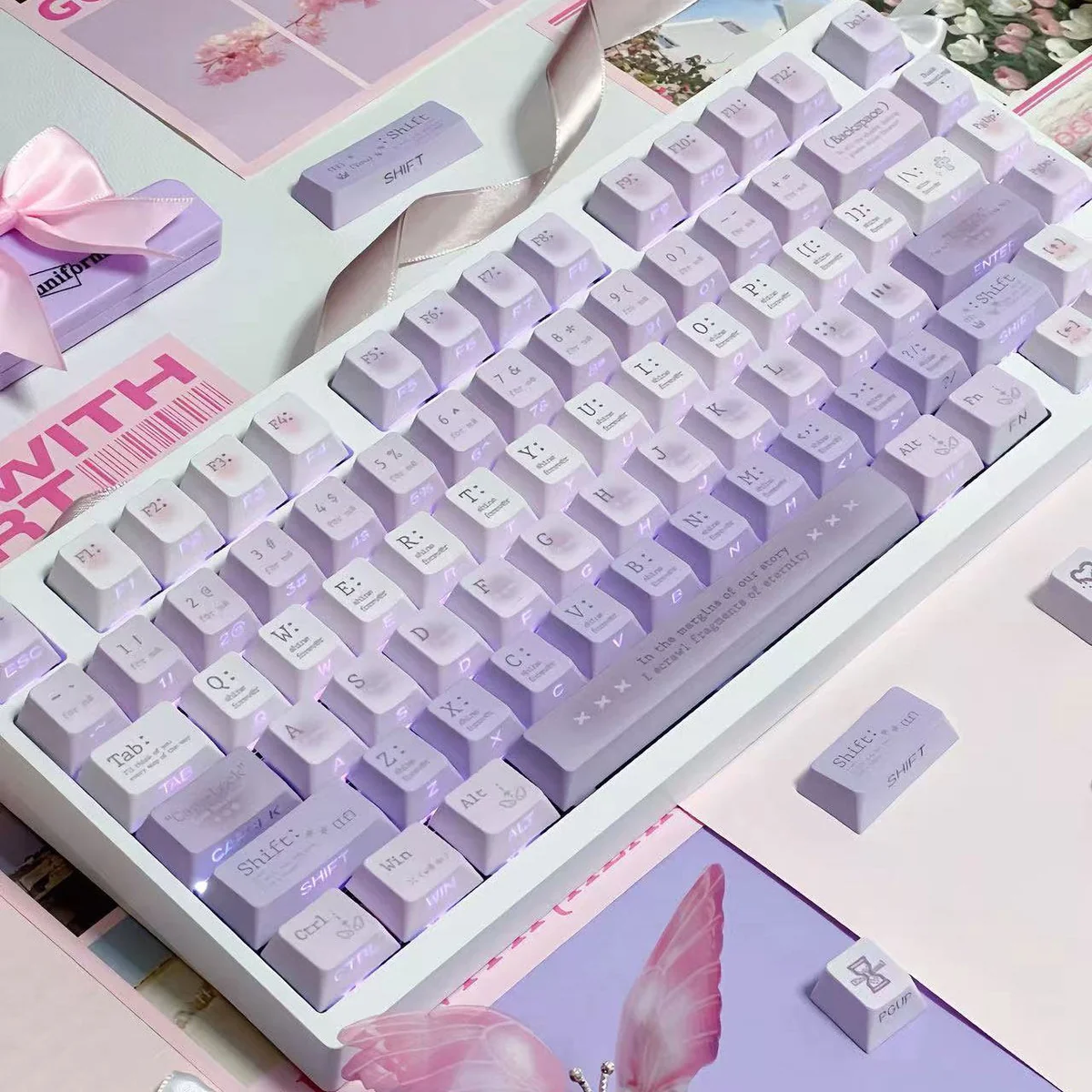 Romantic Twilight PBT dye-sub keycaps set, seen from multiple angles. Ethereal gradient purples showcase five-sided dye-sublimation for a dreamy artistic feel.