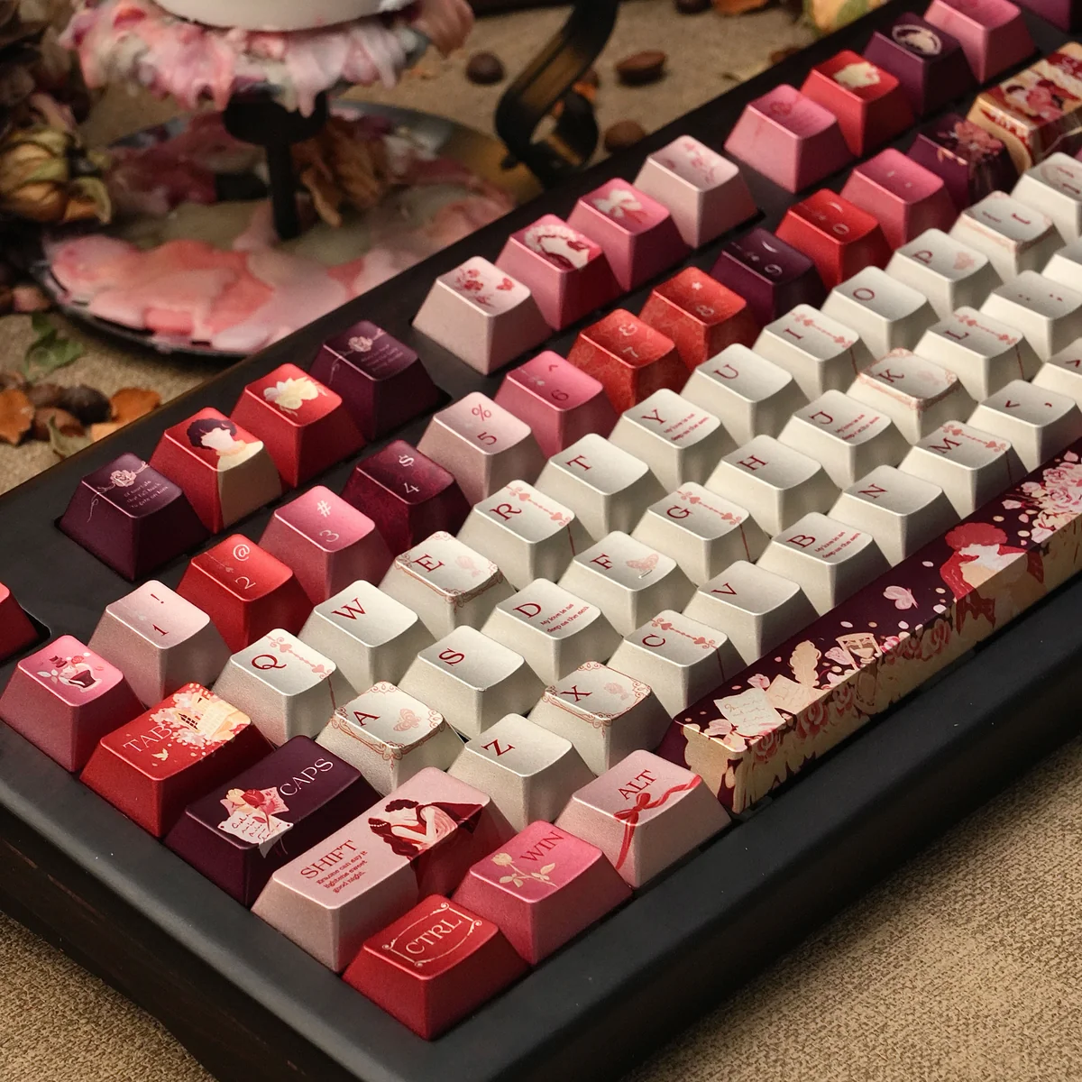 Romeo Juliet PBT dye-sub keycaps set gallery. Multiple angles reveal the literary theme, durable PBT, and romantic celestial motifs.