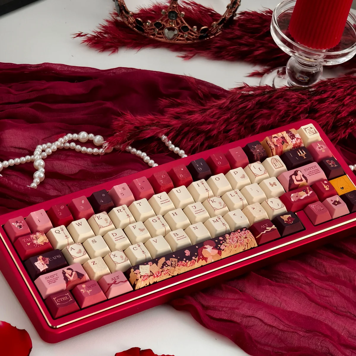 Romeo Juliet Keycaps Set: multiple views of the PBT dye-sublimated literary set. Shows durable keycaps with romantic celestial motifs for an artistic keyboard.
