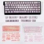 Artistic Rose Coast Luminous Side-Engraved PBT Keycap Set, showcasing soft pink, orange, grey coastal gradients and ambient backlighting.