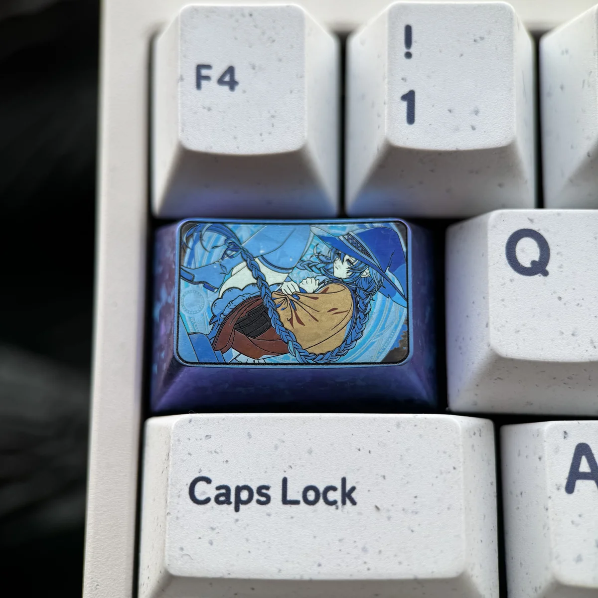 Exclusive Roxy Migurdia titanium artisan keycap, a premium sculpted metallic roxy keycap showcasing exquisite anime artistry.