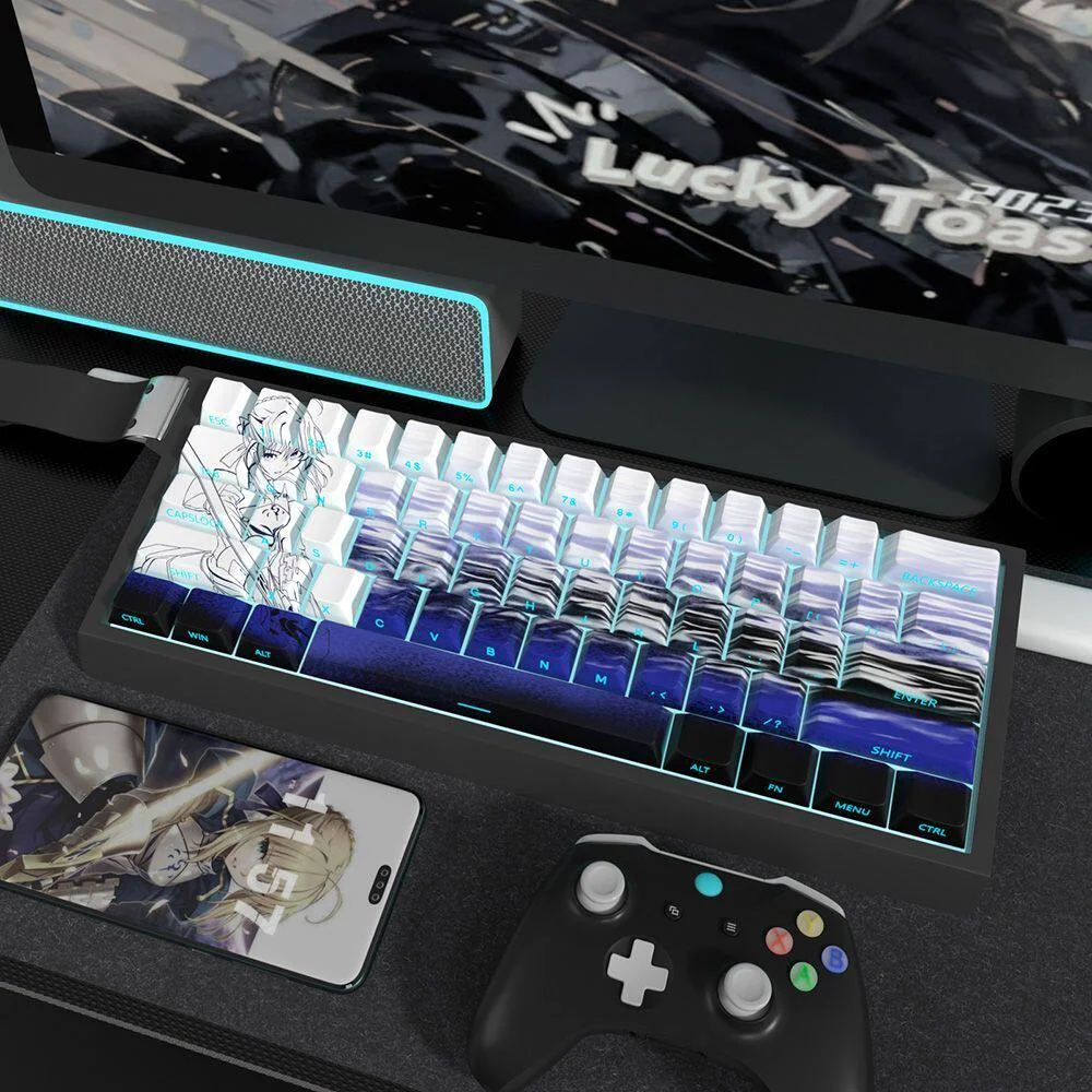 Close-up of premium Saber keycaps set, showcasing the sleek side-printed PBT legends and vibrant shine-through RGB illumination from a unique angle.