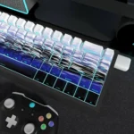 A detailed view of Saber keycaps set, emphasizing the elegant side-printed shine-through PBT legends under dynamic RGB backlighting.
