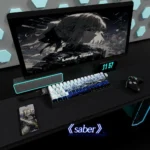 A detailed close-up of Saber keycaps set, emphasizing the minimalist side-print shine-through PBT legends glowing with vibrant RGB.