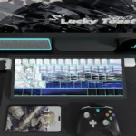 Premium Saber keycaps set featuring unique side-printed shine-through PBT legends, brilliantly illuminated by vibrant RGB lighting for a sleek, classic aesthetics.