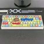 Vibrant Shin-chan side-print backlit PBT keycaps set displayed from multiple angles, highlighting the iconic cartoon characters and glowing legends.