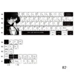 Artistic original character Aoki side-lit PBT keycaps set displayed from various angles, showcasing their unique serene designs, clean side-legends, and vibrant design.