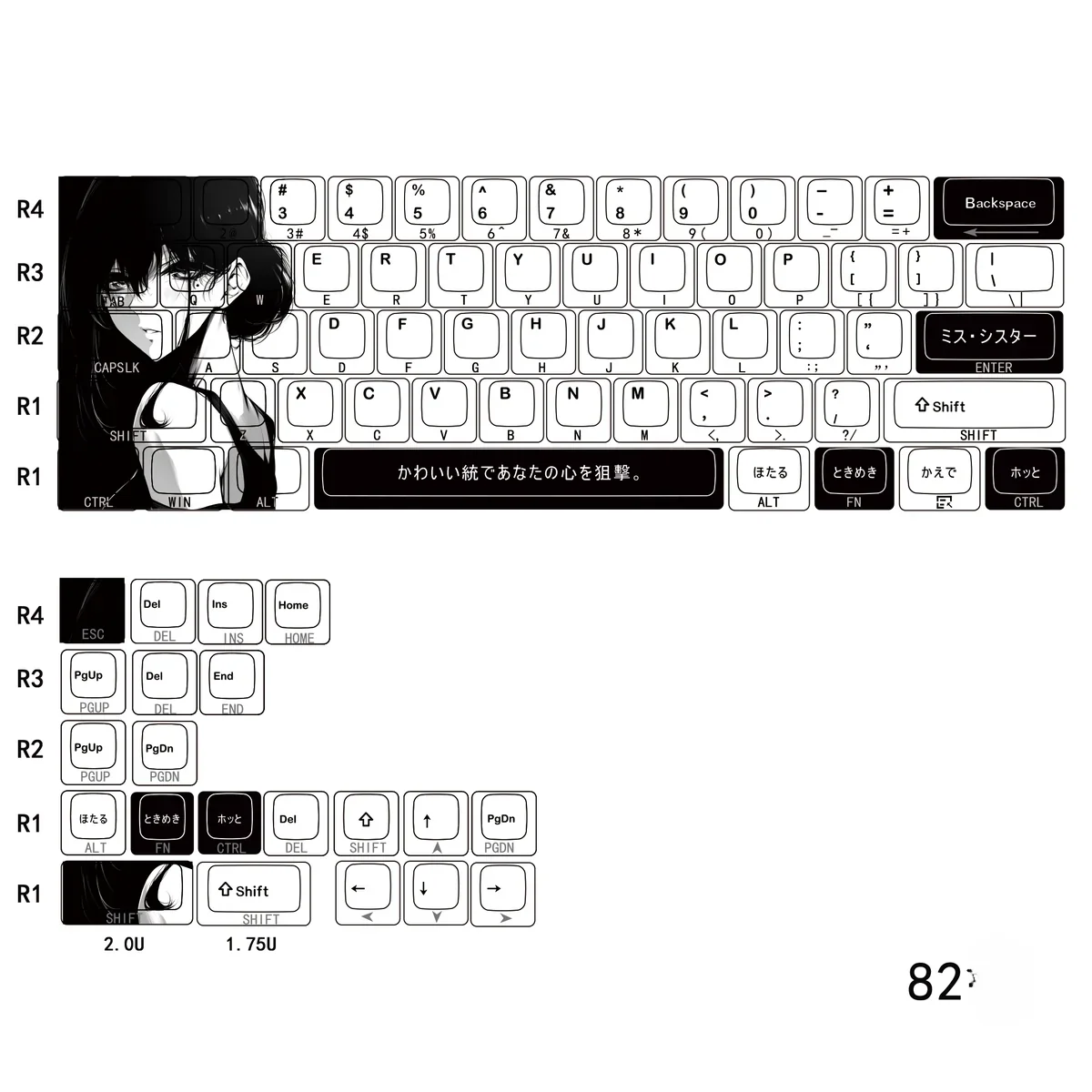 Artistic original character Aoki side-lit PBT keycaps set displayed from various angles, showcasing their unique serene designs, clean side-legends, and vibrant design.