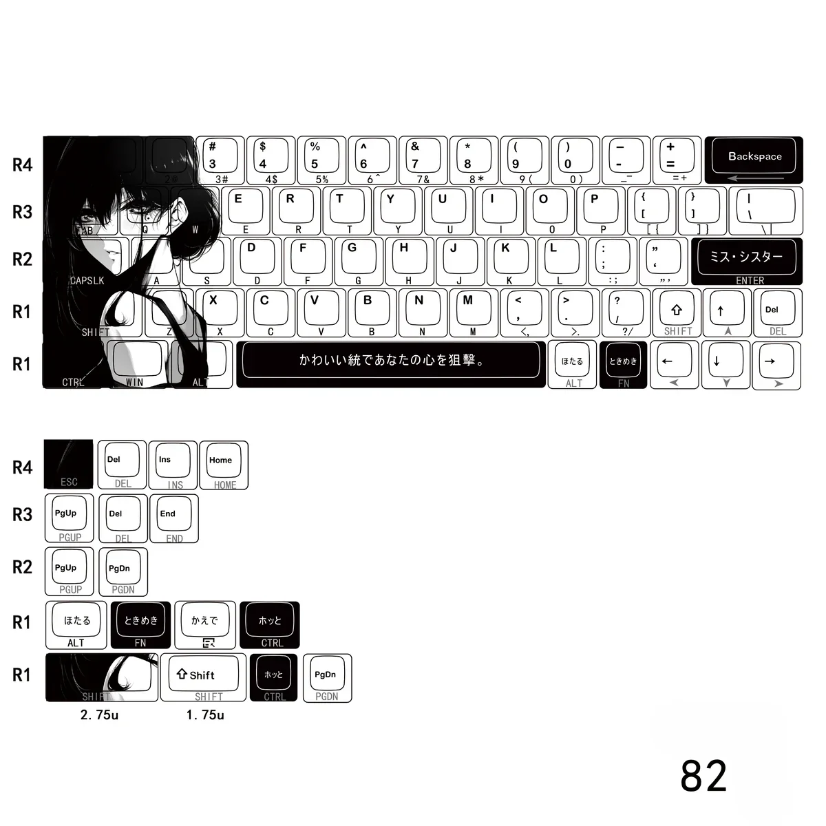 Artistic original character Aoki side-lit PBT keycaps set, showcasing unique designs and clean side legends from multiple angles, ideal for vibrant backlighting.