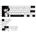 Close-up of serene artistic original character Aoki side-lit PBT keycaps set showcasing unique designs and clean side legends, ideal for vibrant backlighting.