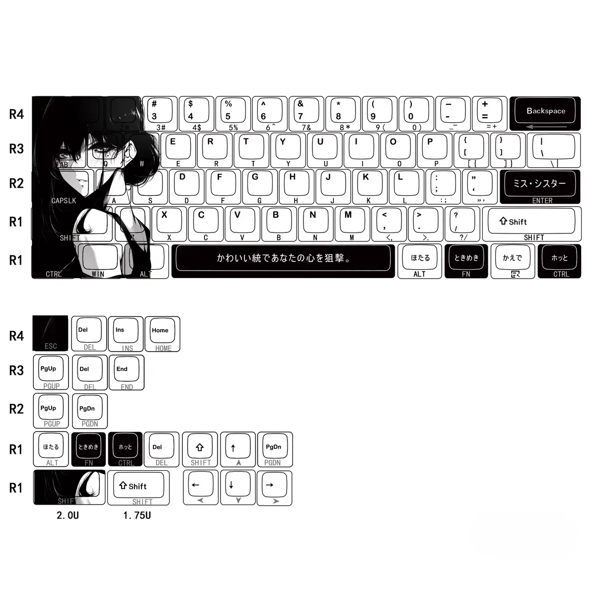 Close-up of serene artistic original character Aoki side-lit PBT keycaps set showcasing unique designs and clean side legends, ideal for vibrant backlighting.