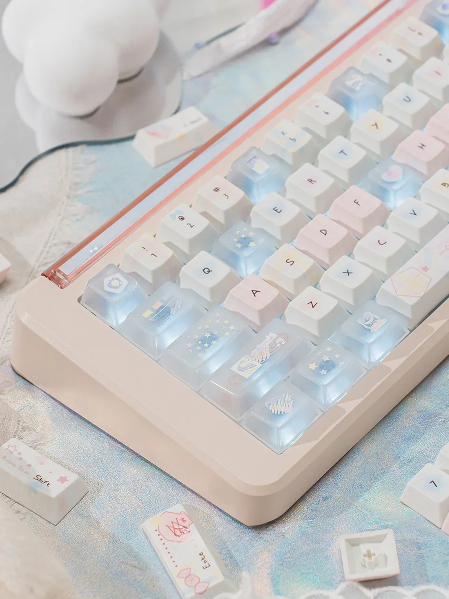 Summer Daydream Keycaps Set close-up, revealing their ethereal translucent PBT PC blend, pastel gradients, and light-infused tranquil summer aesthetic.