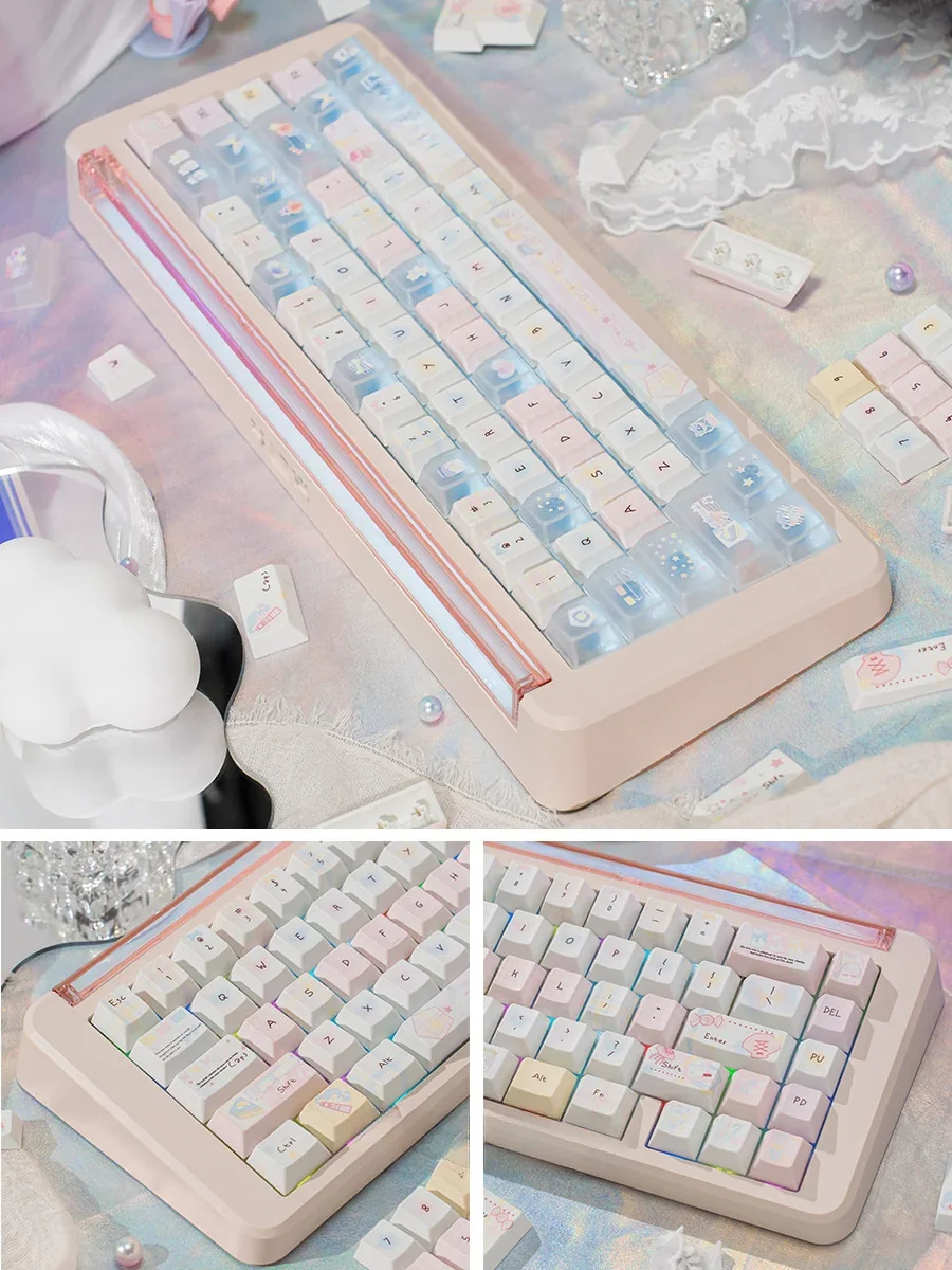 Summer Daydream Keycaps Set, dreamy translucent PBT PC blend, shown from various angles. Light-infused pastel gradients create an ethereal summer aesthetic.