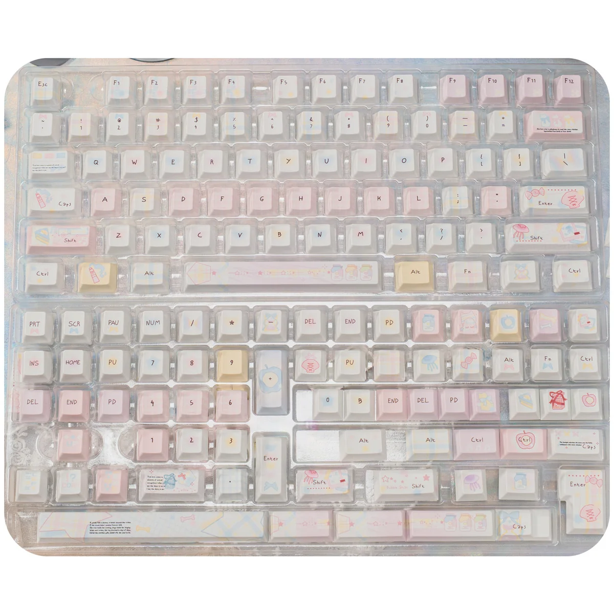 Summer Daydream Keycaps set, intricately detailed from various angles, revealing their dreamy translucent PBT PC blend with soft pastel gradients.