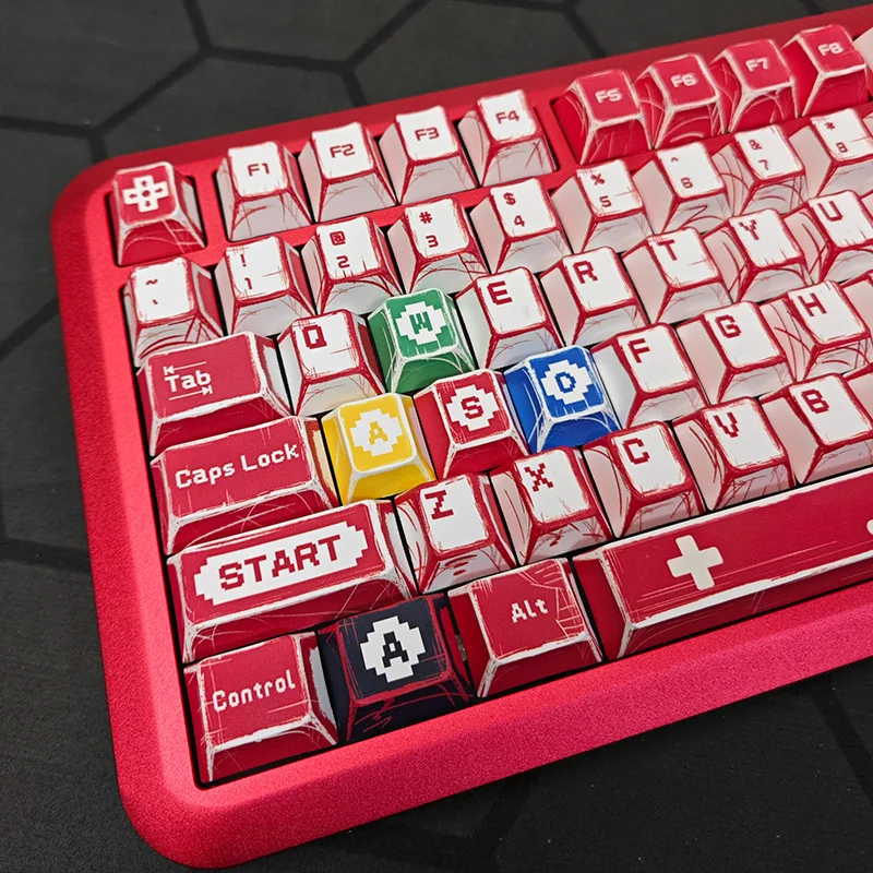 Gallery of iconic Super Mario Family Computer PBT Dye-sub keycaps set, showing vibrant 8-bit characters and playful Famicom designs from multiple angles.