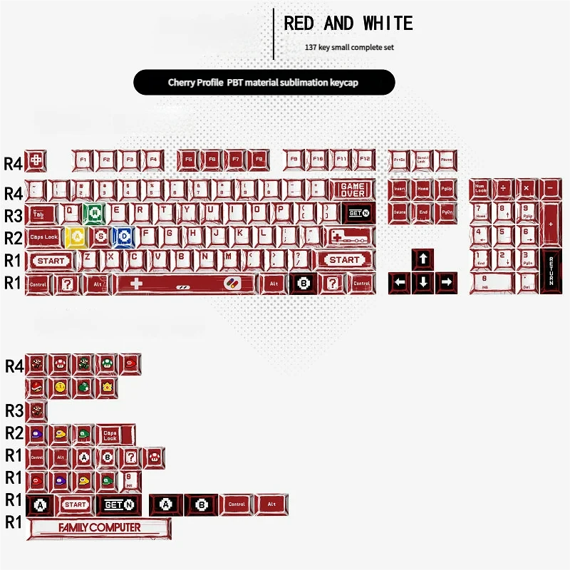Explore different angles of vibrant Super Mario Family Computer PBT dye-sub keycaps set, featuring iconic 8-bit characters and playful Famicom designs.