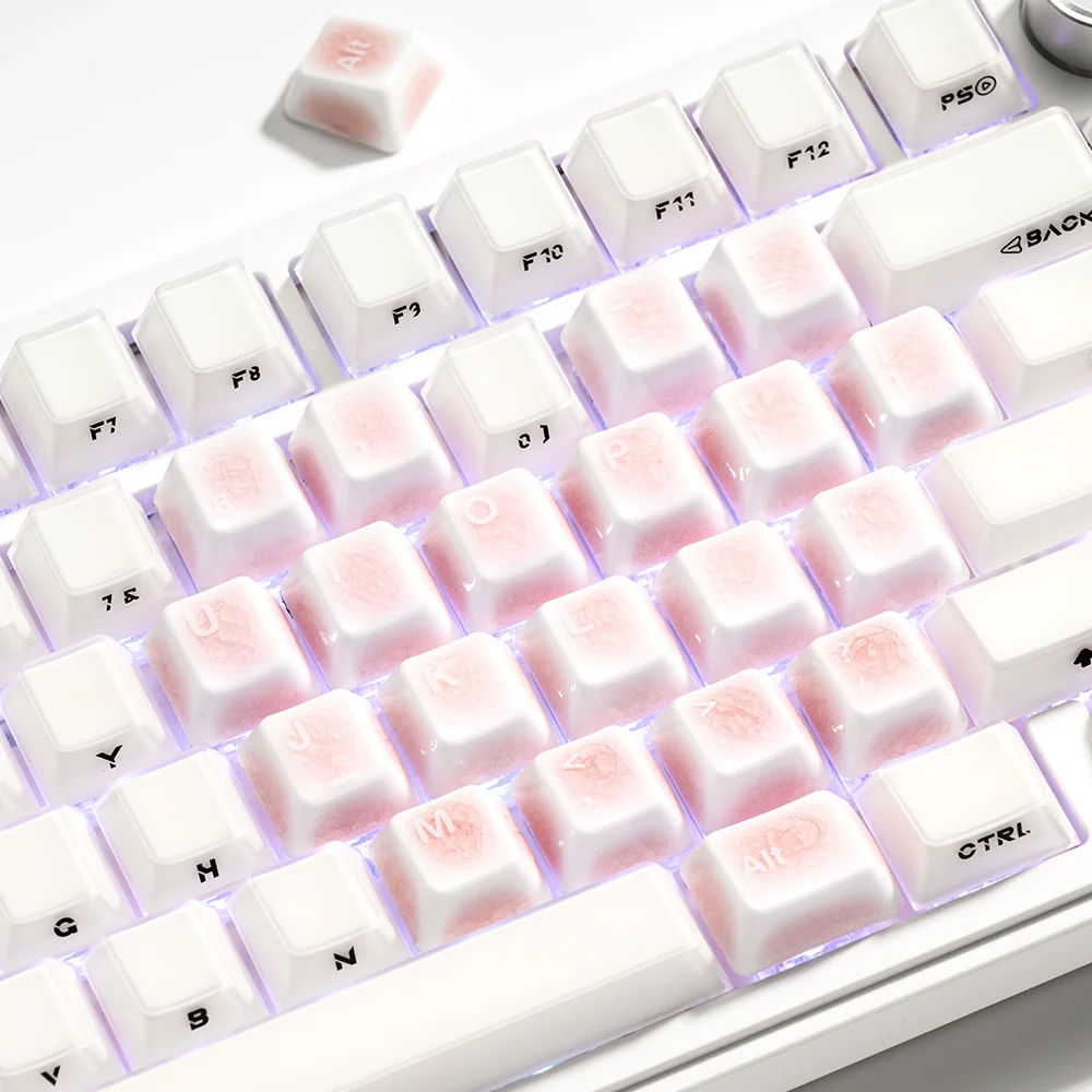 Handcrafted delicate Ice Crack Heart-Shaped Cherry Supplement Keycap Set featuring intricate ice crack patterns and charming heart motifs, showcased from multiple artistic angles.