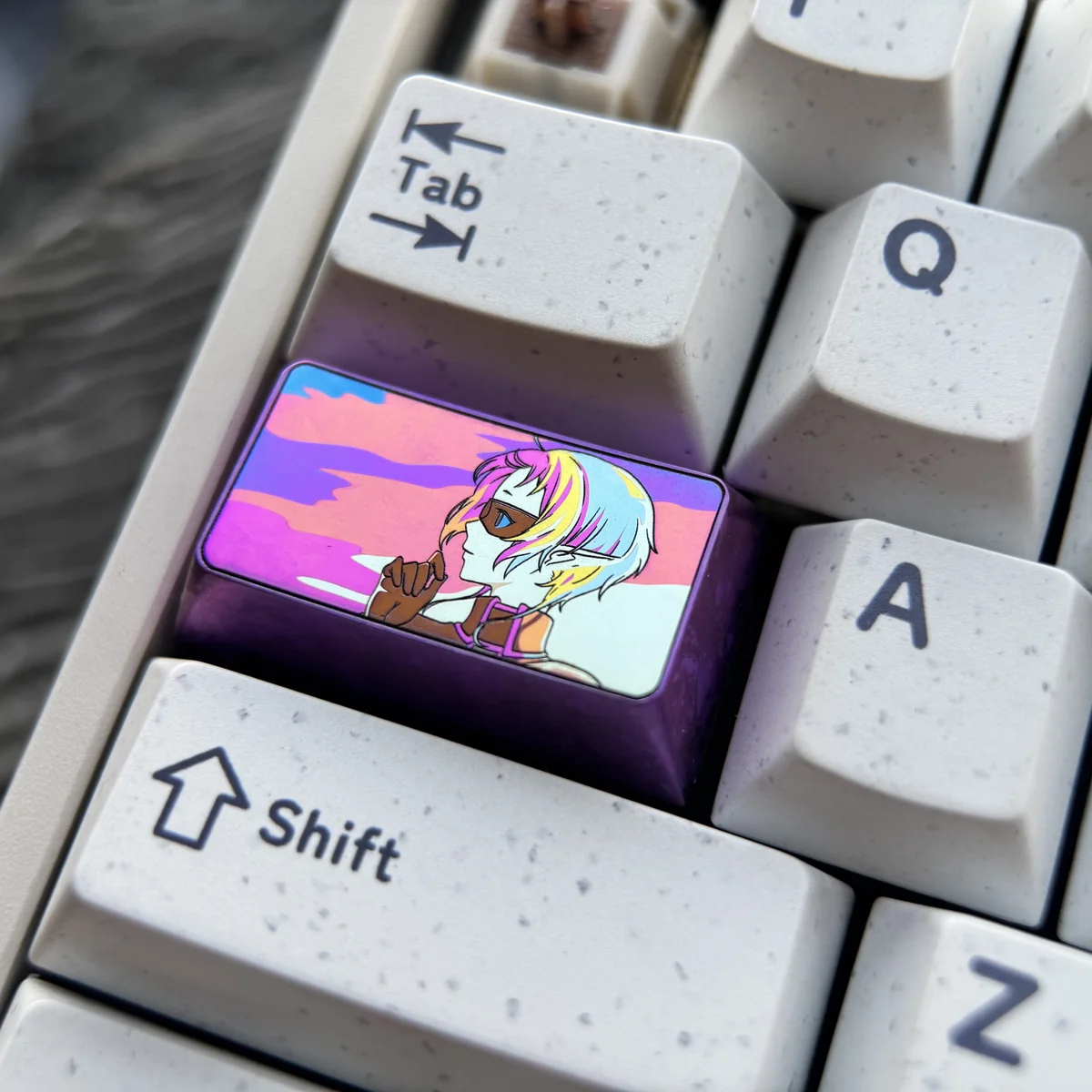 Premium Sylphiette titanium artisan keycap, featuring vibrant anime character detail from various artistic angles on polished alloy.
