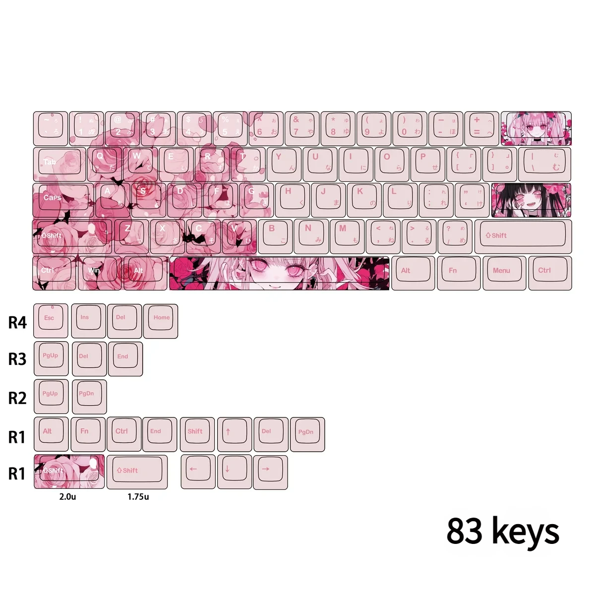 Charming 83-key PBT dye-sub keycap set showcasing an exclusive anime character, Tang with delicate details, ideal for 60-68% keyboards.