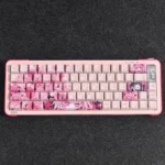 Close-up of a charming, exclusive Tang PBT dye-sub keycap set, showcasing unique anime art, delicate soft colors, and intricate details.