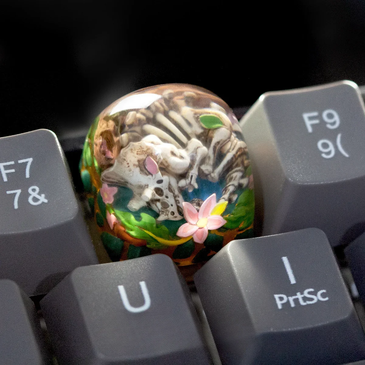 Handcrafted translucent resin Triceratops ESC keycap, with glowing prehistoric dinosaur and intricate artisan details from multiple angles.