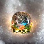 Multiple artistic views of the handcrafted translucent resin Triceratops ESC keycap, highlighting its intricate artisan detail and glowing prehistory.